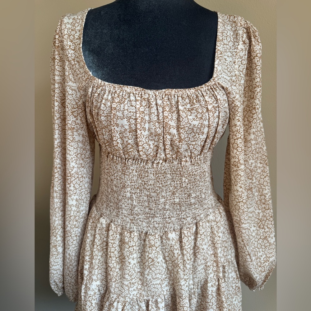 Princess Polly Cream Floral Smocked Mini Dress Long Sleeve Cottagecore Size 6 - Picture 2 of 7